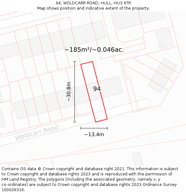 94, WOLDCARR ROAD, HULL, HU3 6TR: Plot and title map