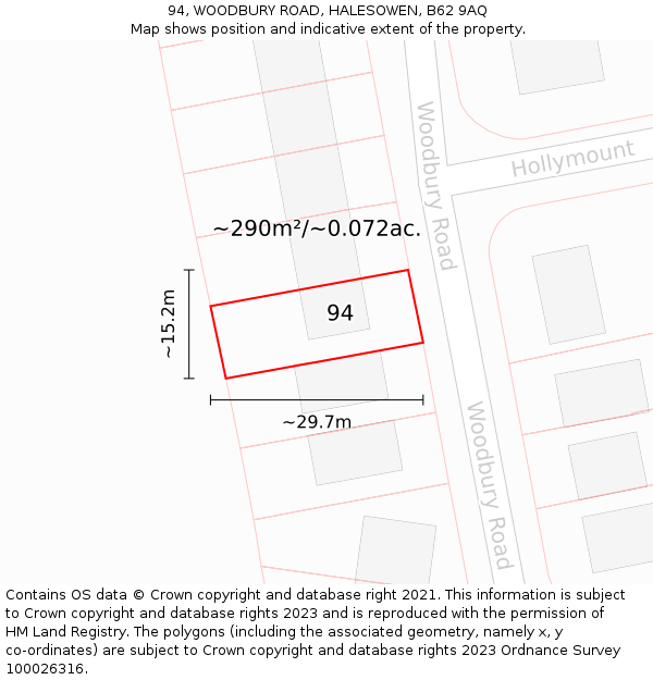 94, WOODBURY ROAD, HALESOWEN, B62 9AQ: Plot and title map