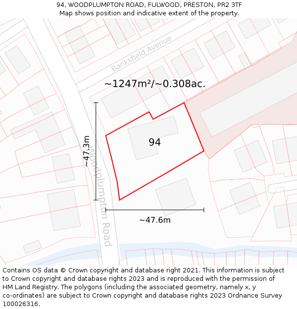 94, WOODPLUMPTON ROAD, FULWOOD, PRESTON, PR2 3TF: Plot and title map