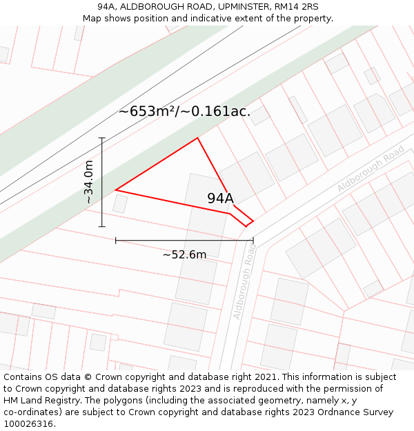 94A, ALDBOROUGH ROAD, UPMINSTER, RM14 2RS: Plot and title map