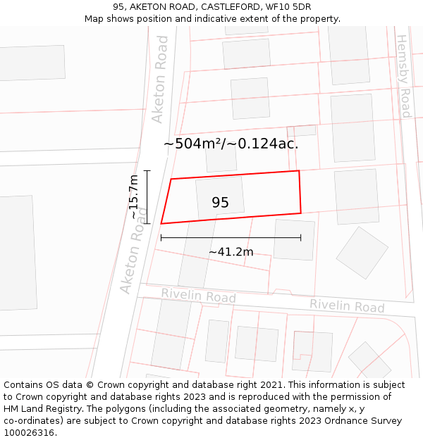 95, AKETON ROAD, CASTLEFORD, WF10 5DR: Plot and title map