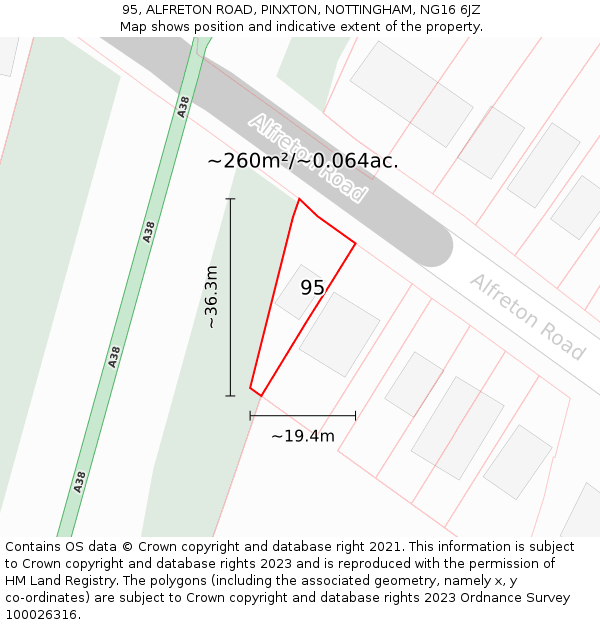 95, ALFRETON ROAD, PINXTON, NOTTINGHAM, NG16 6JZ: Plot and title map