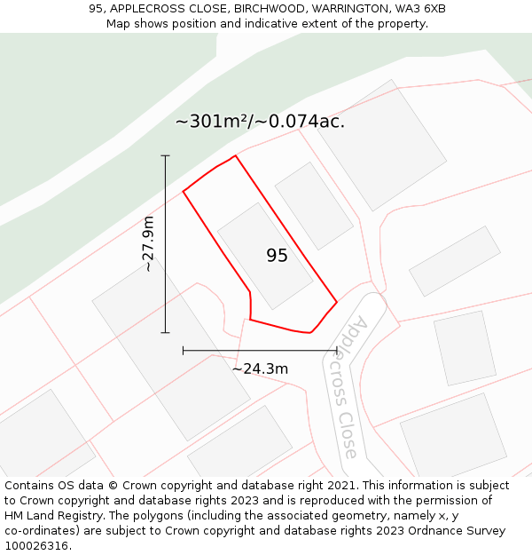 95, APPLECROSS CLOSE, BIRCHWOOD, WARRINGTON, WA3 6XB: Plot and title map