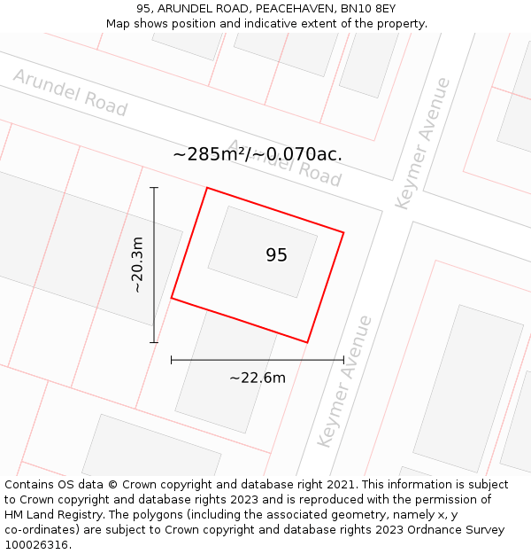 95, ARUNDEL ROAD, PEACEHAVEN, BN10 8EY: Plot and title map