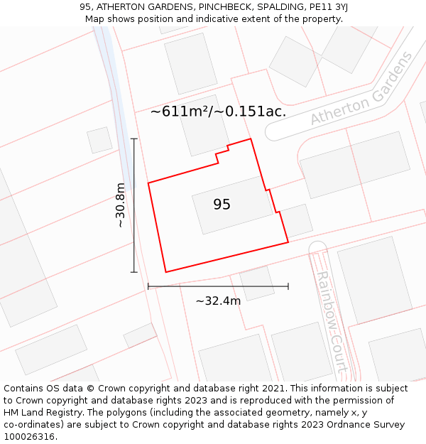 95, ATHERTON GARDENS, PINCHBECK, SPALDING, PE11 3YJ: Plot and title map
