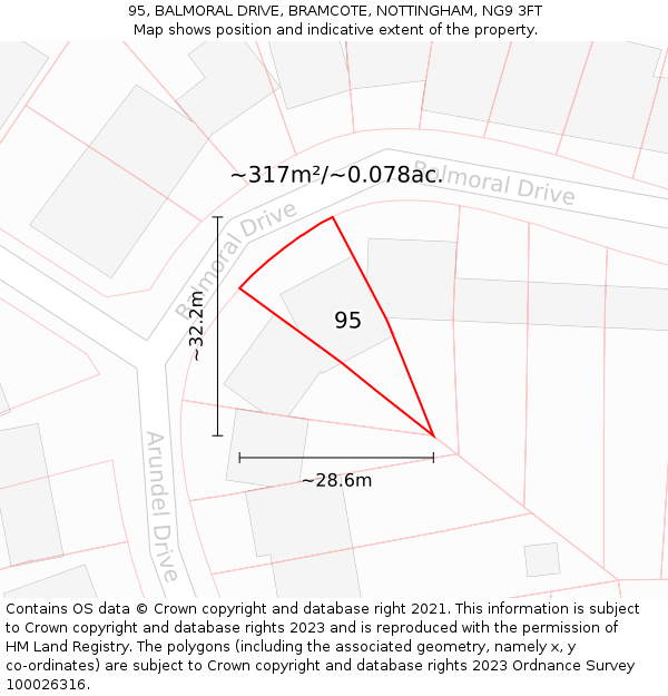 95, BALMORAL DRIVE, BRAMCOTE, NOTTINGHAM, NG9 3FT: Plot and title map