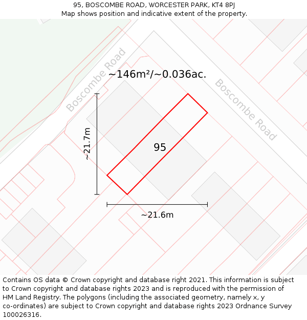 95, BOSCOMBE ROAD, WORCESTER PARK, KT4 8PJ: Plot and title map