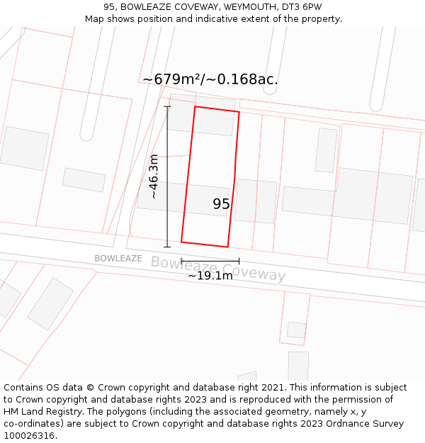 95, BOWLEAZE COVEWAY, WEYMOUTH, DT3 6PW: Plot and title map