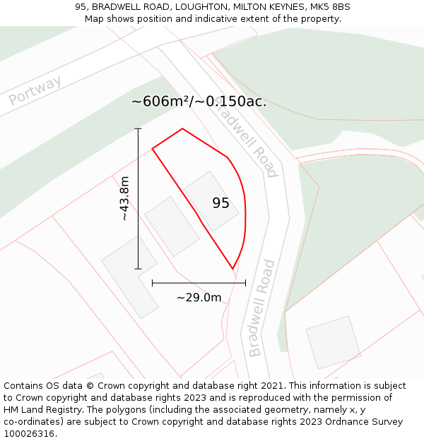 95, BRADWELL ROAD, LOUGHTON, MILTON KEYNES, MK5 8BS: Plot and title map