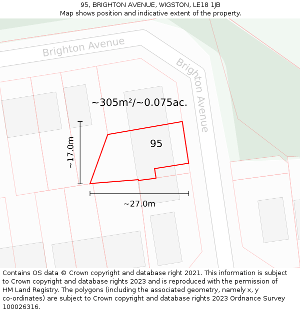 95, BRIGHTON AVENUE, WIGSTON, LE18 1JB: Plot and title map