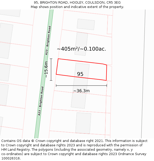 95, BRIGHTON ROAD, HOOLEY, COULSDON, CR5 3EG: Plot and title map
