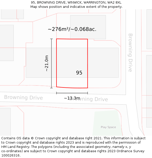 95, BROWNING DRIVE, WINWICK, WARRINGTON, WA2 8XL: Plot and title map