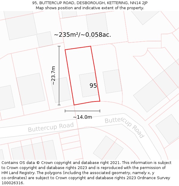 95, BUTTERCUP ROAD, DESBOROUGH, KETTERING, NN14 2JP: Plot and title map