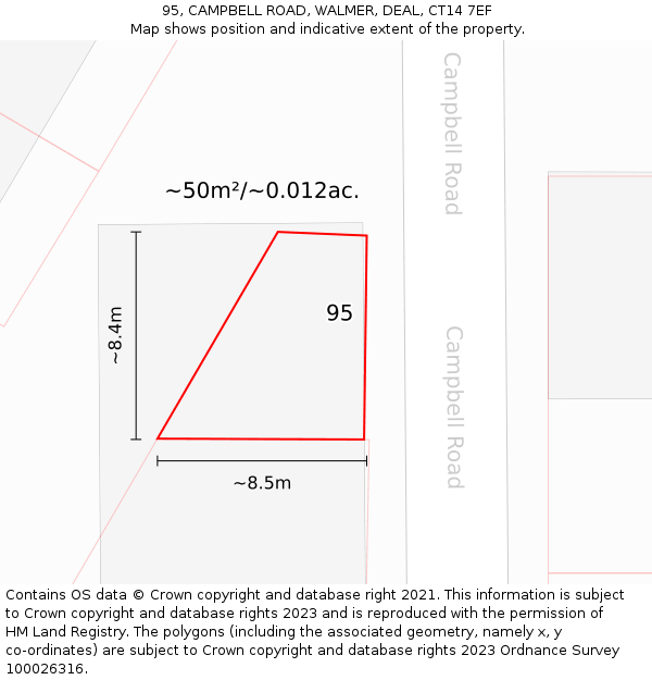 95, CAMPBELL ROAD, WALMER, DEAL, CT14 7EF: Plot and title map