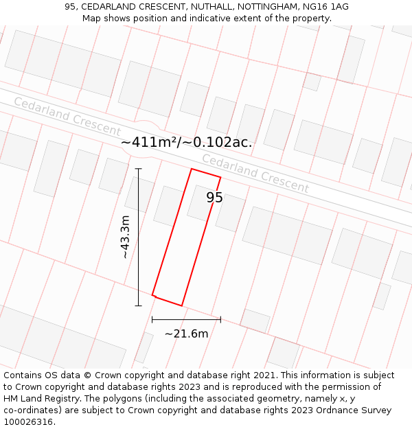 95, CEDARLAND CRESCENT, NUTHALL, NOTTINGHAM, NG16 1AG: Plot and title map