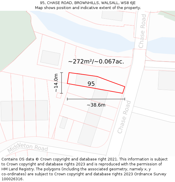 95, CHASE ROAD, BROWNHILLS, WALSALL, WS8 6JE: Plot and title map