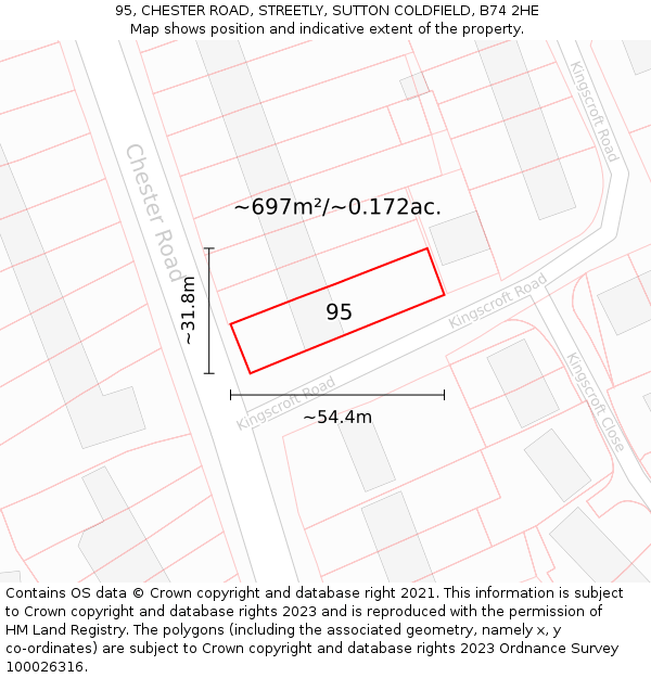 95, CHESTER ROAD, STREETLY, SUTTON COLDFIELD, B74 2HE: Plot and title map