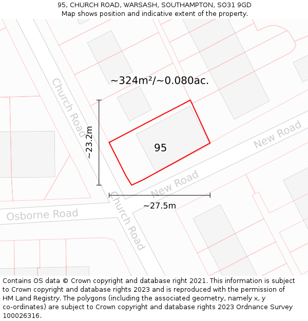 95, CHURCH ROAD, WARSASH, SOUTHAMPTON, SO31 9GD: Plot and title map