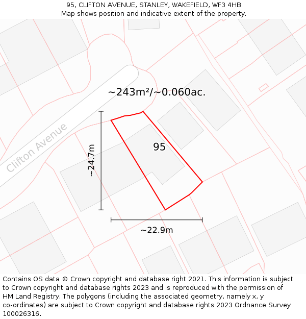 95, CLIFTON AVENUE, STANLEY, WAKEFIELD, WF3 4HB: Plot and title map