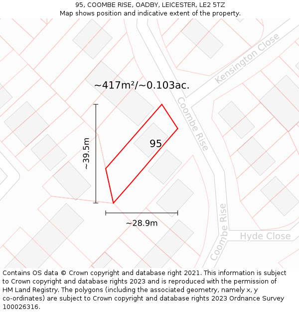 95, COOMBE RISE, OADBY, LEICESTER, LE2 5TZ: Plot and title map