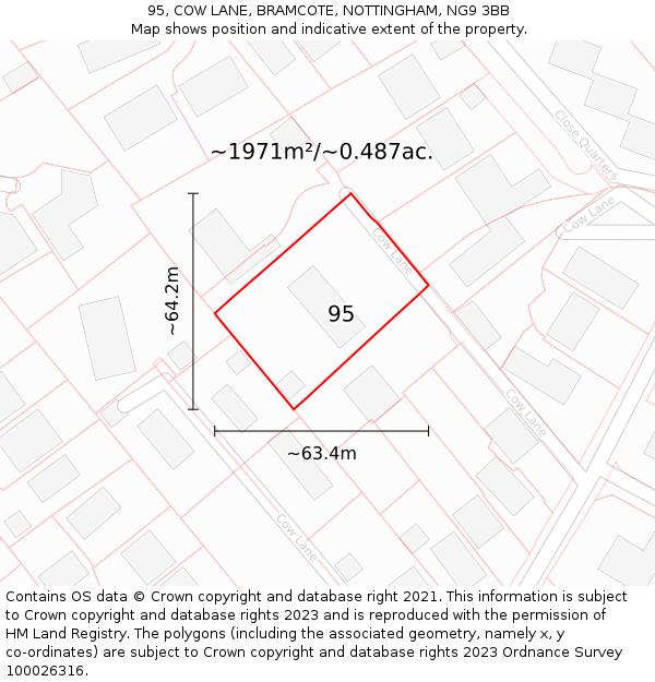 95, COW LANE, BRAMCOTE, NOTTINGHAM, NG9 3BB: Plot and title map