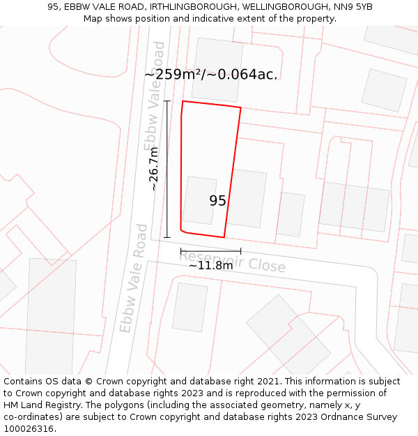 95, EBBW VALE ROAD, IRTHLINGBOROUGH, WELLINGBOROUGH, NN9 5YB: Plot and title map