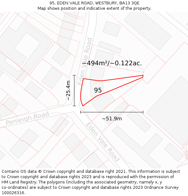 95, EDEN VALE ROAD, WESTBURY, BA13 3QE: Plot and title map