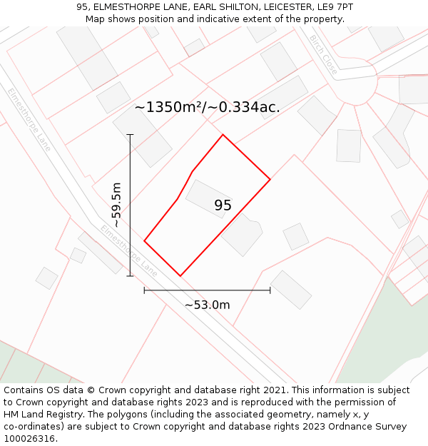 95, ELMESTHORPE LANE, EARL SHILTON, LEICESTER, LE9 7PT: Plot and title map