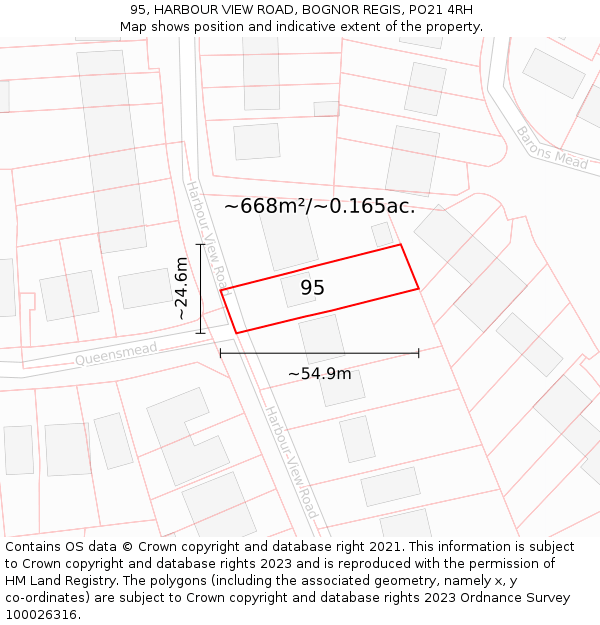 95, HARBOUR VIEW ROAD, BOGNOR REGIS, PO21 4RH: Plot and title map