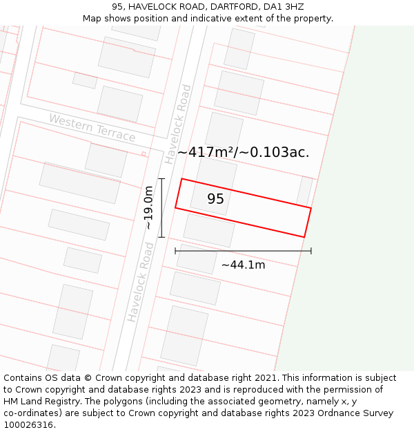 95, HAVELOCK ROAD, DARTFORD, DA1 3HZ: Plot and title map