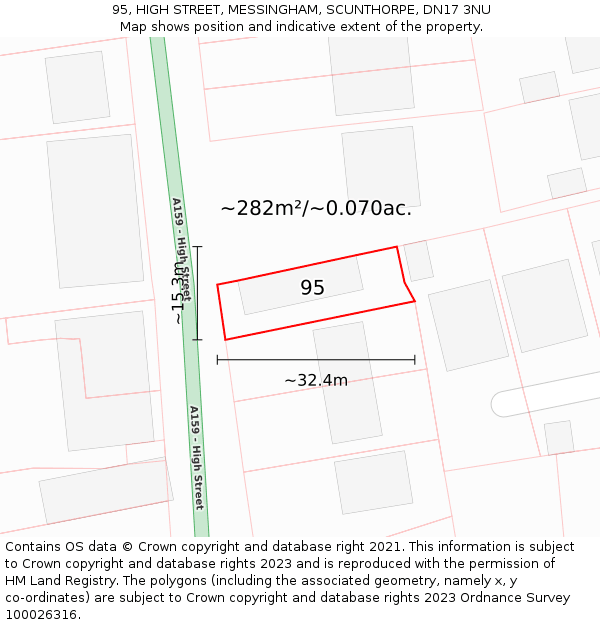 95, HIGH STREET, MESSINGHAM, SCUNTHORPE, DN17 3NU: Plot and title map