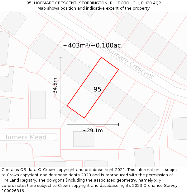 95, HORMARE CRESCENT, STORRINGTON, PULBOROUGH, RH20 4QP: Plot and title map
