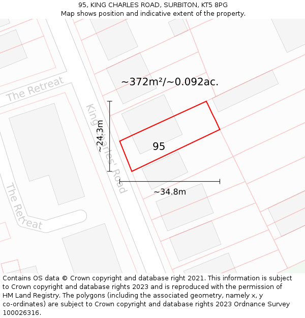 95, KING CHARLES ROAD, SURBITON, KT5 8PG: Plot and title map