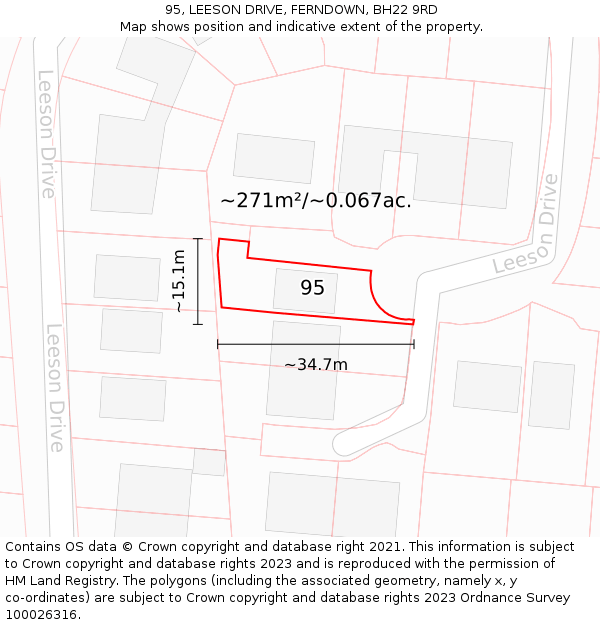 95, LEESON DRIVE, FERNDOWN, BH22 9RD: Plot and title map