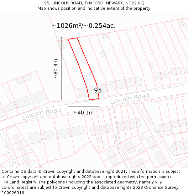 95, LINCOLN ROAD, TUXFORD, NEWARK, NG22 0JQ: Plot and title map