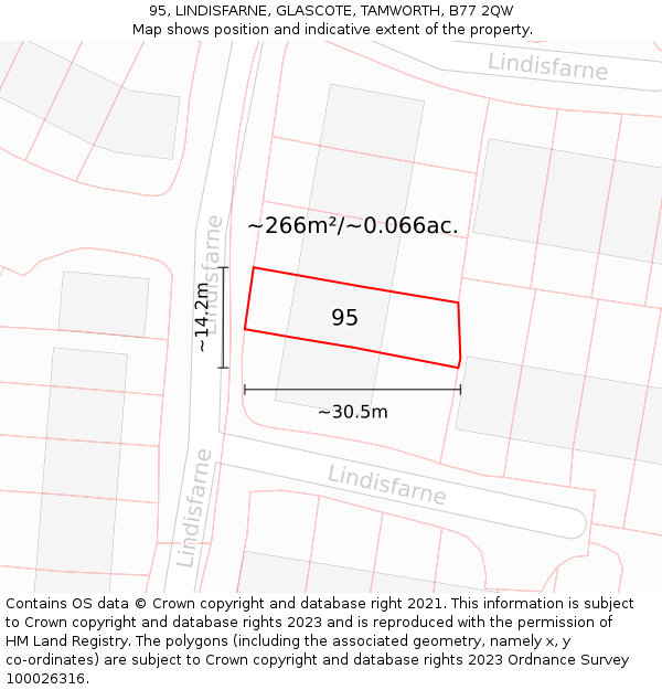 95, LINDISFARNE, GLASCOTE, TAMWORTH, B77 2QW: Plot and title map