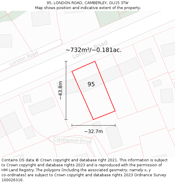 95, LONDON ROAD, CAMBERLEY, GU15 3TW: Plot and title map