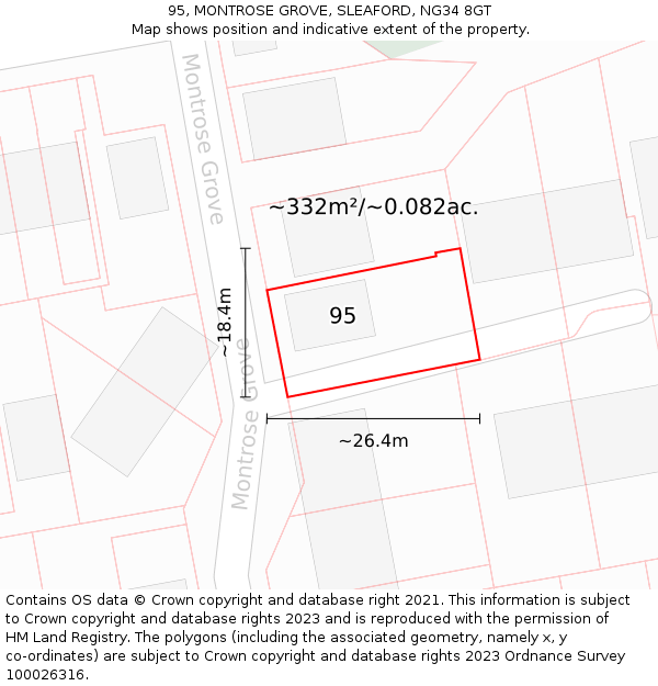 95, MONTROSE GROVE, SLEAFORD, NG34 8GT: Plot and title map