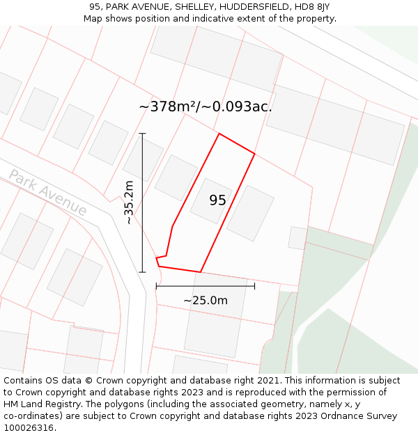 95, PARK AVENUE, SHELLEY, HUDDERSFIELD, HD8 8JY: Plot and title map