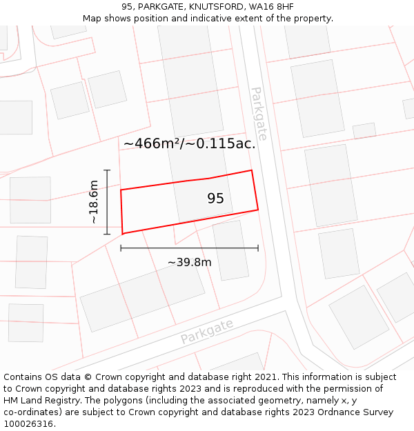 95, PARKGATE, KNUTSFORD, WA16 8HF: Plot and title map