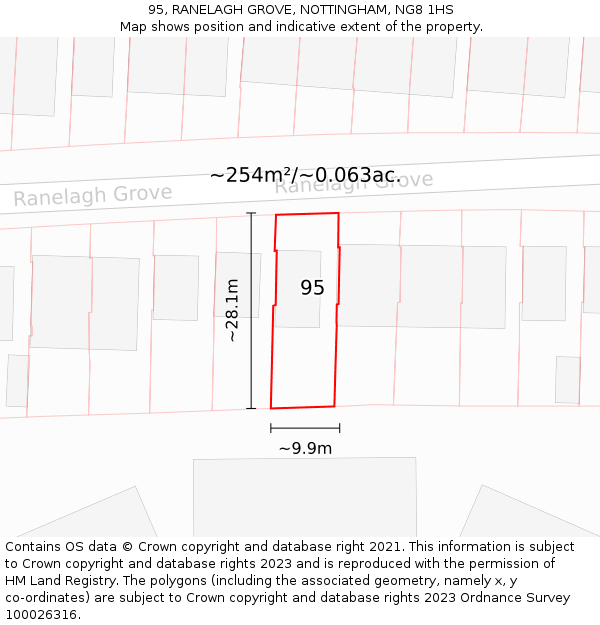 95, RANELAGH GROVE, NOTTINGHAM, NG8 1HS: Plot and title map