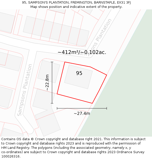 95, SAMPSON'S PLANTATION, FREMINGTON, BARNSTAPLE, EX31 3FJ: Plot and title map