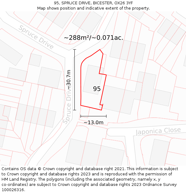 95, SPRUCE DRIVE, BICESTER, OX26 3YF: Plot and title map