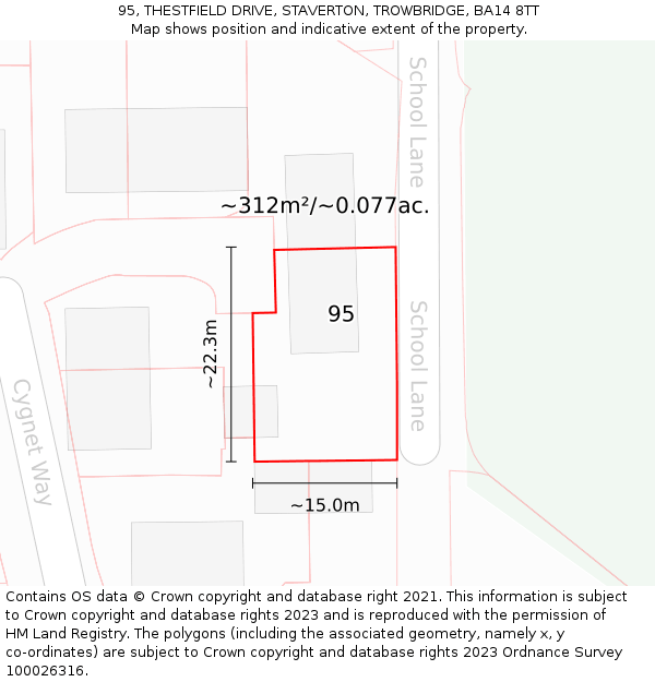 95, THESTFIELD DRIVE, STAVERTON, TROWBRIDGE, BA14 8TT: Plot and title map