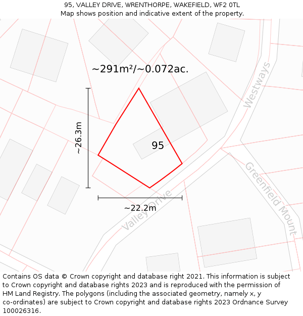 95, VALLEY DRIVE, WRENTHORPE, WAKEFIELD, WF2 0TL: Plot and title map