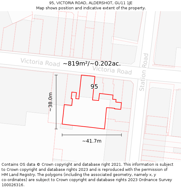 95, VICTORIA ROAD, ALDERSHOT, GU11 1JE: Plot and title map