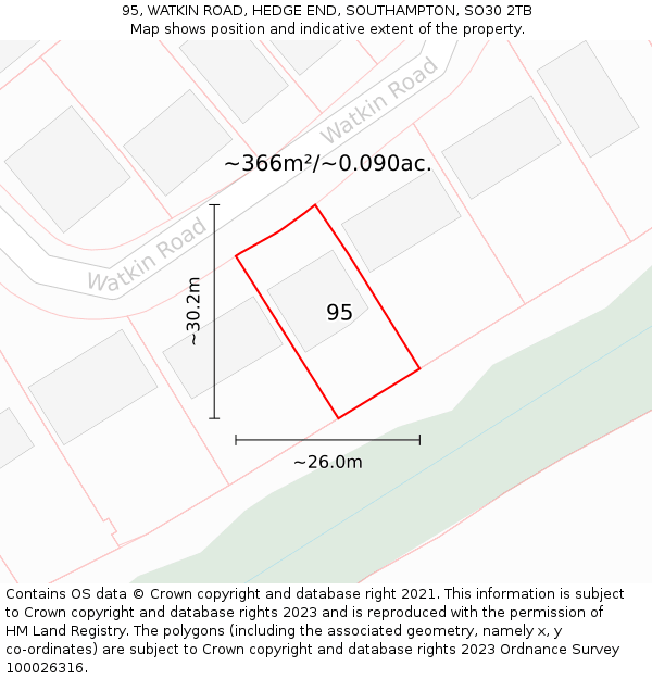 95, WATKIN ROAD, HEDGE END, SOUTHAMPTON, SO30 2TB: Plot and title map