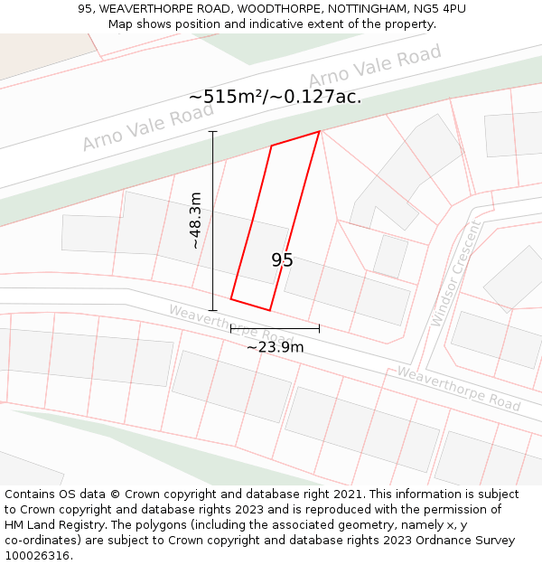 95, WEAVERTHORPE ROAD, WOODTHORPE, NOTTINGHAM, NG5 4PU: Plot and title map