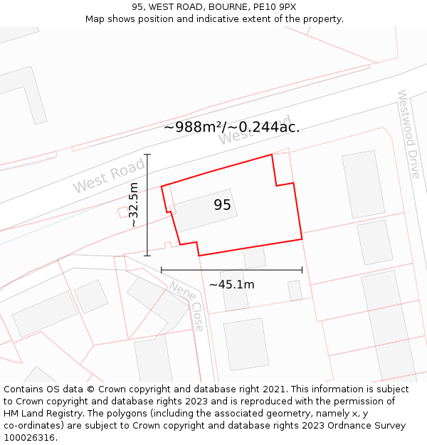 95, WEST ROAD, BOURNE, PE10 9PX: Plot and title map