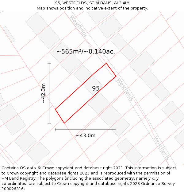 95, WESTFIELDS, ST ALBANS, AL3 4LY: Plot and title map